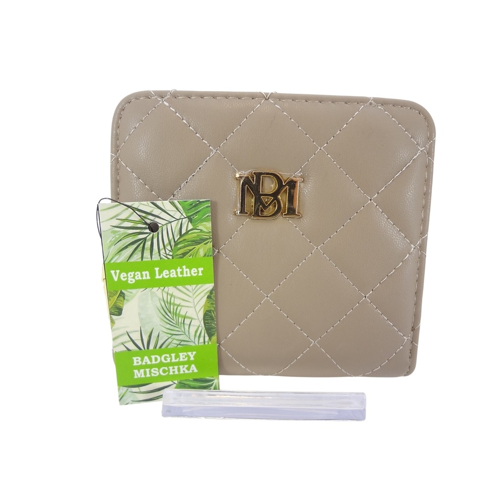 Badgley Mischka Studio Quilted Coin Bifold Wallet Taupe New Vegan Leather Logo